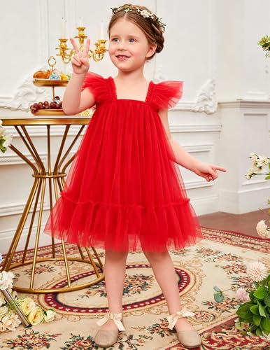 Image of Arshiner Toddler Tulle Dress for Girls Layered Tutu Ruffle Dresses Swing Twirly Fairy Summer Birthday Party Wedding Sundress