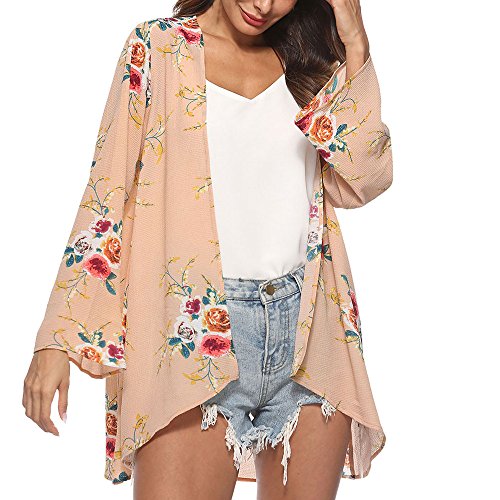 IMJONO Chic Hauts Veste Imprimé Femme Cardigan Fleuri Gilet Blouse Fluide Kimono à Manches 3/4 Outwear Bohème Tops Mousseline de Soie Châle Lâche Cover Up Cache-Maillots(Kaki,M)