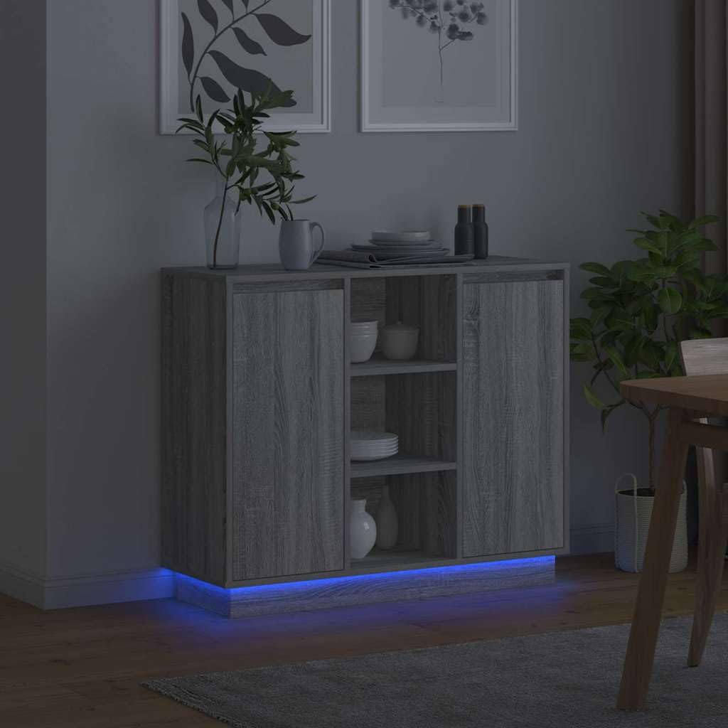 Szafka LED Sonoma szara, 90 x 32 x 75 cm, komoda z drzwiami i półkami, do salonu, jadalni, kuchni, korytarza, z miejscem do przechowywania