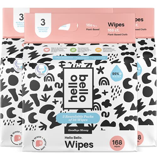 Hello Bello Bathroom Booty Wet Wipes - Hypoallergenic, pH-balanced & Super Soft for Sensitive Skin - Unscented & Plant-Based Cloth - 168 Count (Pack of 3)