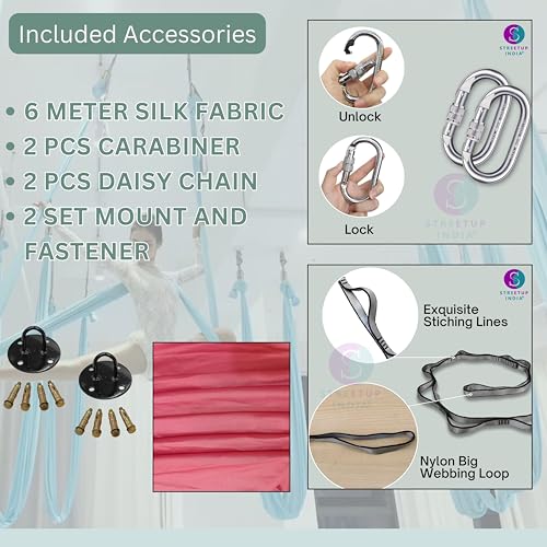 Image of Streetup India Silk Fabric Pro Aerial Swing /Yoga Hammock | 6 x 2.6 Mtrs Long Fabric | with Complete Kit