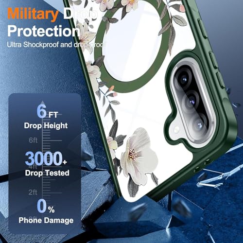 Image of VONZEE Compatible with Samsung Galaxy A37 5G Case Luxury Retro Flowers Floral Clear for Magnetic Wireless Charging Case Shockproof PC+TPU Cute Glossy Shiny Cover for Girls Women, Green