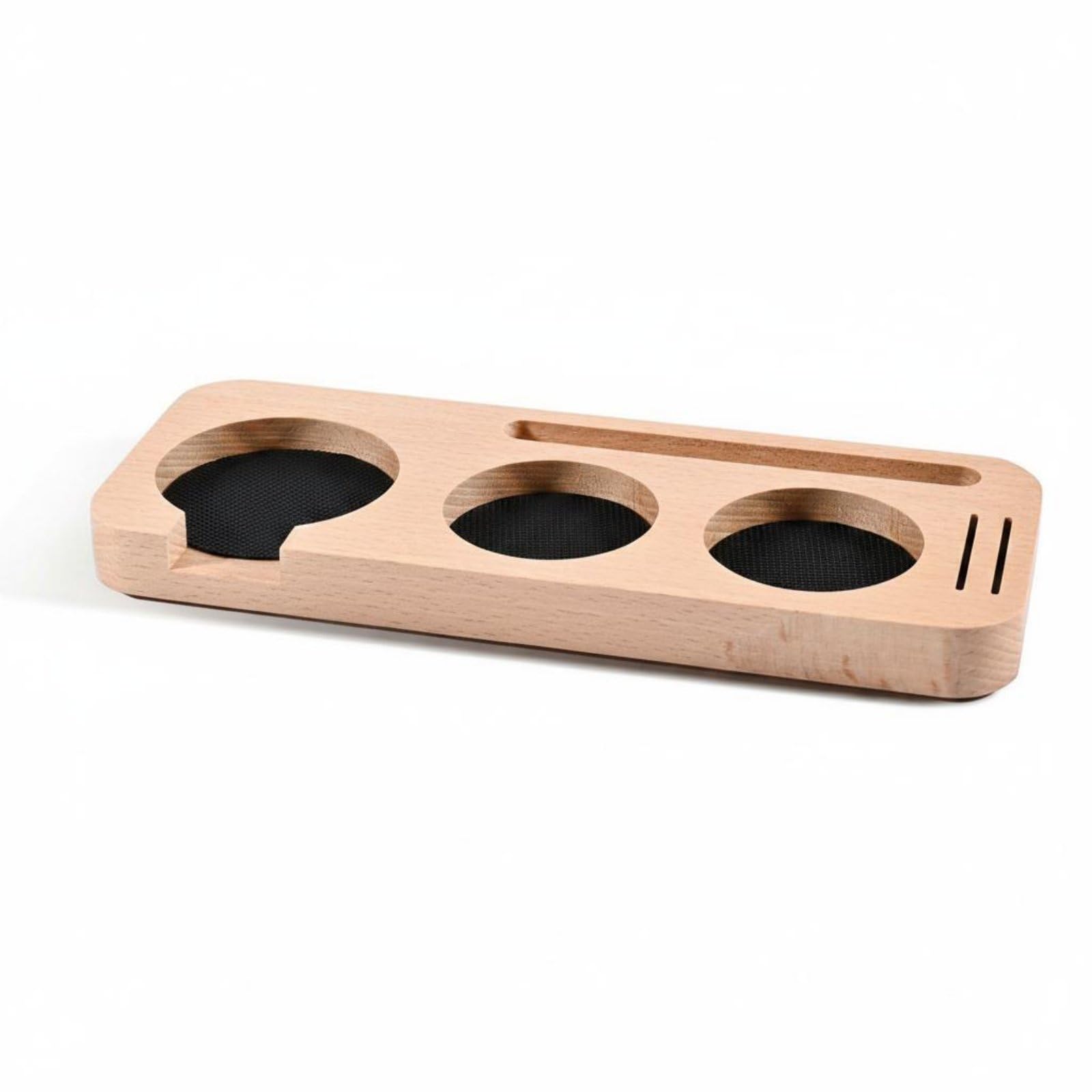 solid wood walnut tamper station multi-slot design coffee tamping stand stable base wooden espresso station space-saving for baristas, home cafe, kitchen counter, 51-53mm, beech