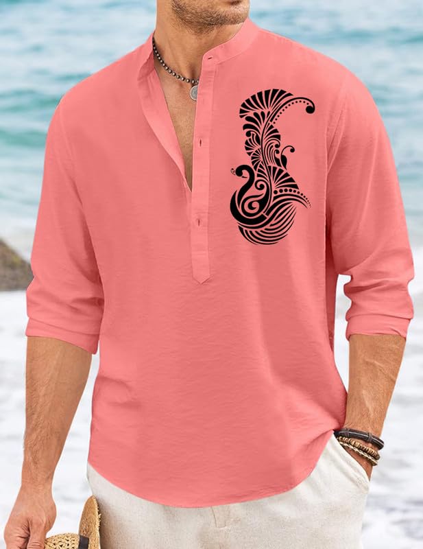 Image of FINIVO FASHION Men's Printed Cotton Blend Short Kurta with Artistic Chest Design | Stylish Full Sleeve Casual Kurta with Mandarin Collar for Daily, Travel Soft Textured