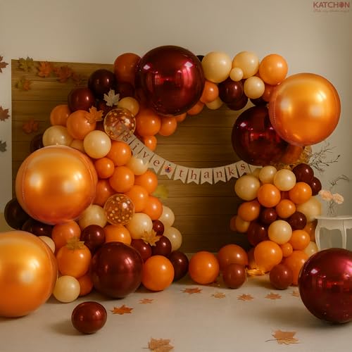 Image of Katchon, Large Metallic Maroon and Orange Foil Balloons -22 Inch-Pack of 6 | Fall Decorations For Home | Thanksgiving Balloons | Thanksgiving Decorations | 4D Foil Balloon Orange, Red Party Decoration