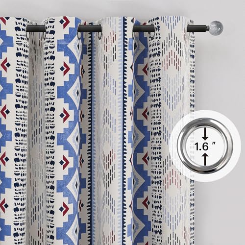 Image of XiDi 100% Blackout Blue Boho Curtains for Bedroom 84 Inches Long 2 Panels Thermal Insulated Mid Century Modern Farmhouse Blue Geometric Curtains for Living Room Grommet Window Drapes, 52Wx84L