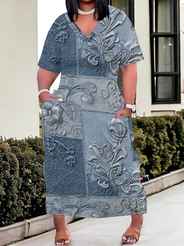 Image of SUZONANA Womens Plus Size 3D Denim-Print Fashion Maxi Dresses Casual Soft Tshirt Dress
