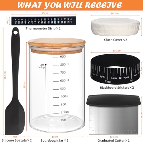 Kmise 2 Pack Pro Sourdough Starter Jar Kit, 34 Oz Glass with Thermometer