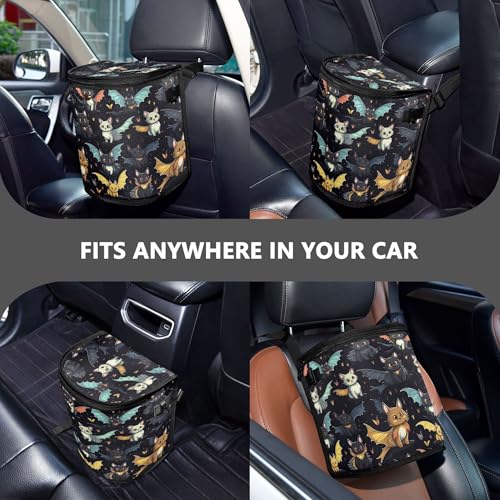 Image of MNSRUU Car Trash Can with Lid, Gothic Skull Cat Bat Car Trash Bag Hanging Organizers and Storage for Front Back Seat, Leak-Proof Trash Bin