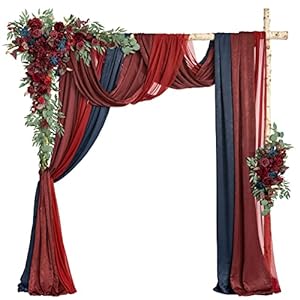 Lings Moment Deluxe Red Artificial Wedding Arch Flowers with Drapes Kit Pack of 5 2pcs Flower Arrangements 3pcs Hanging Sheer Drapes Blue Ceremony Arbor Reception Backdrop Rose Floral Decorations