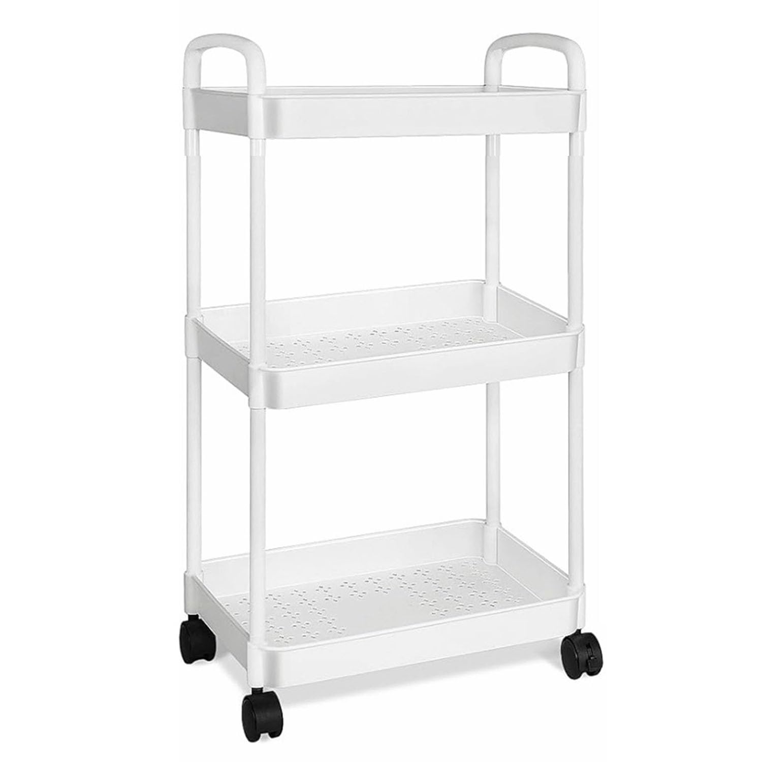 3 Tier Storage Trolley Cart on Wheels, Slim Rolling Utility Cart with Handle, Mobile Storage Shelving Organizer for Kitchen, Bathroom, Laundry Room, Bedroom, Narrow Places, Plastic (Cream White)