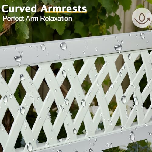 Image of VINGLI 47'' Outdoor Bench, Weather Resistant Garden Patio Bench Powder Coated Iron Frame w /PVC Mesh Backrest Slatted Seat, 2-Person Outdoor Furniture for Front Porch Entryway Park (White)