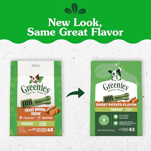 Image of Greenies Dog Treats Veterinarian-Recommended Natural Dental Treats for Dogs, Teenie Size, Sweet Potato Flavor, 12 oz. Pack, 43 Count