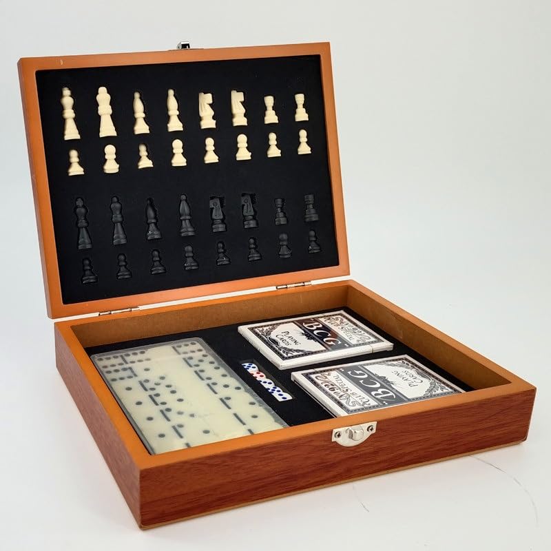 Brettspiele Faltbares Holzschachset 3 in 1 für Reisen Brettspiele Set für Kinder und Erwachsene Schach Dominosteine Wahrsagung Schachsets