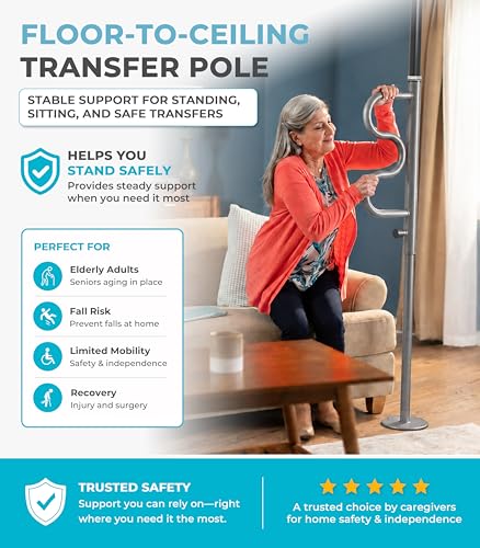 Image of Stander Wonder Pole Plus with Rotating Double Grab Bar, Tension Mounted Security Pole for Seniors & Elderly Adults, No-Drill Floor to Ceiling Transfer Pole for Home & Bath Safety, Graphite