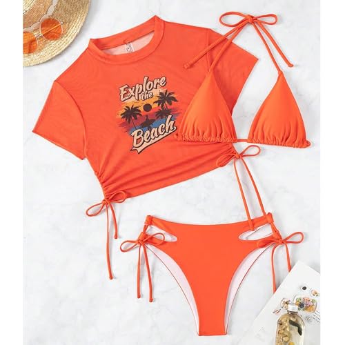 Image of Sexybody Women's 3 Piece Swimsuit Halter String Bikini Tie Side Mesh Short Sleeve Bathing Suits