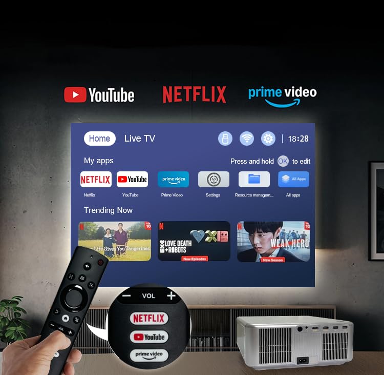 Image of 4K HDR10+ AUN Quadra Projector 4K Ultra HD, Dolby Digital Plus, Net-Flix Certified, 32000 Lumens, Dual HDMI-EARC, Fully Sealed, YouTube Hotstar Prime, Linux OS,1080p Native Projector for Room