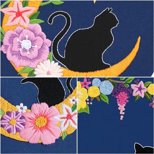 Image of Louise Maelys 3 Sets Cat Moon Embroidery Kits for Beginners with Floral Pattern, Cross Stitch Kit for Adults, DIY Needlepoint for Starter