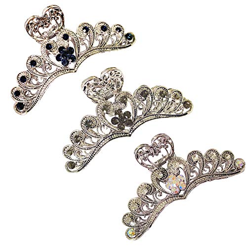 TANG SONG 3PCS Crystal Vintage Metal Hair Claw Clips Hair Catch Barrette Jaw Clamp for Women Half Bun Hairpins for Thin Hair