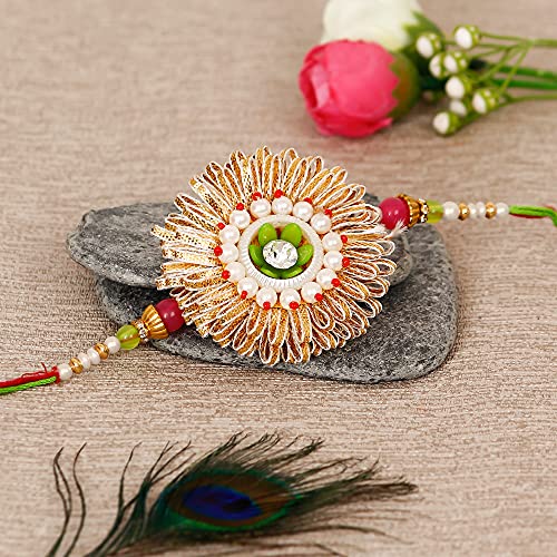 Image of eCraftIndia Pearl Designer Rakhi for Brother with Best Bro Ever Fridge Magnet and Roli Chawal Pack