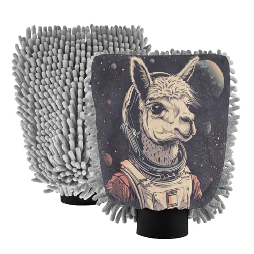 ALAZA Llama Alpaca Astronaut Space Car Wash Mitt Scratch Free, 2 Pack Absorbent Microfiber/Chenille Washing & Drying Mitts, L