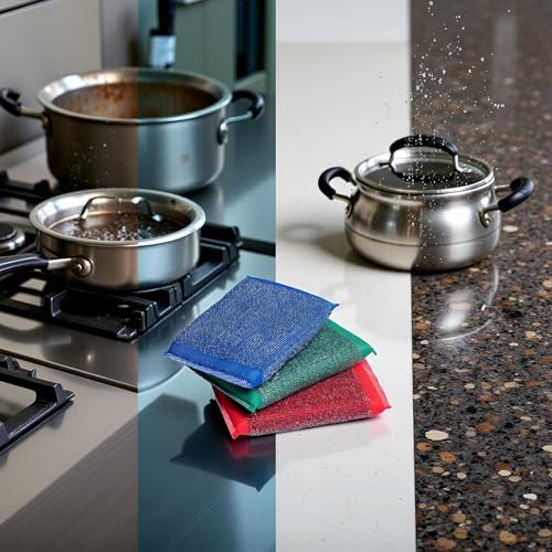 Image of 3Pcs Muticolor Iron Scouring Pads - Incredibly Tough, Heavy Duty and Long-Lasting Scrubbing Sponges. for Pots, BBQ Grills, Microwaves and Stovetops Household Cleaning Sponges (Blue, Green, Red)