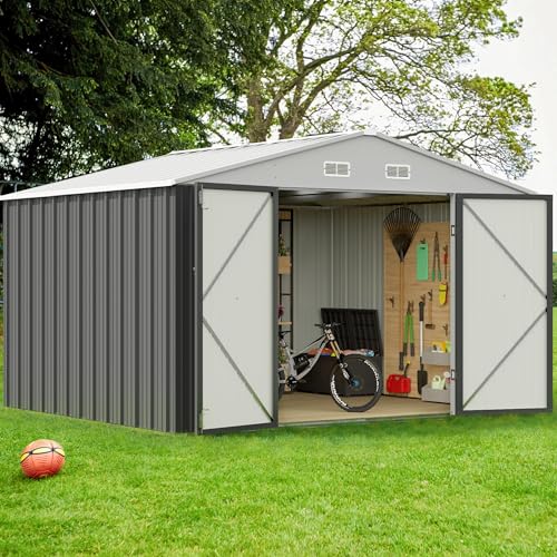 GUNJI 10 x 8 FT Shed Outdoor Storage Shed Metal Garden Shed with Lockable Door Outside Waterproof Tool Shed for Backyard, Patio, Lawn (Gray)