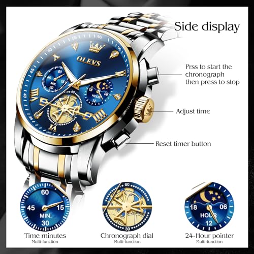 OLEVS Luxury Watches for Men Blue Large Face Silver and Gold Stainless Steel Dress Analog Quartz Wrist Mens Watches Waterproof Chronograph Moon Phase Fashion Luminous Two Tone Relojes para Hombres — view 6