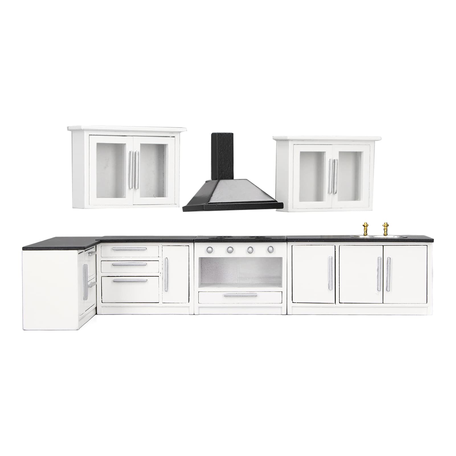 Generic 1:12 Puppenhaus-Küchenschrank, 7-teilig, Modernes Mini-Küchenset, Birkenholz, Komplett Möbliert, mit zu öffnenden Türen, Schubladen für Puppenhaus-Dekoration, Wohnzimmer
