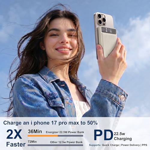 Image of Energizer 22.5W Fast Charging Wireless Power Bank 10000mAh, 15W Qi Wireless, USB-C PD + QC Output, Compact Portable Charger for iPhone, Samsung, Android | Travel Friendly | 1 Yr Warranty | Beige