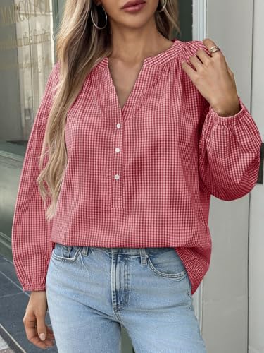 Cicy Bell Womens Puff Long Sleeve Blouse Gingham Pleated V Neck Button Down Shirts Loose Fit Dressy Casual Fall Tops3