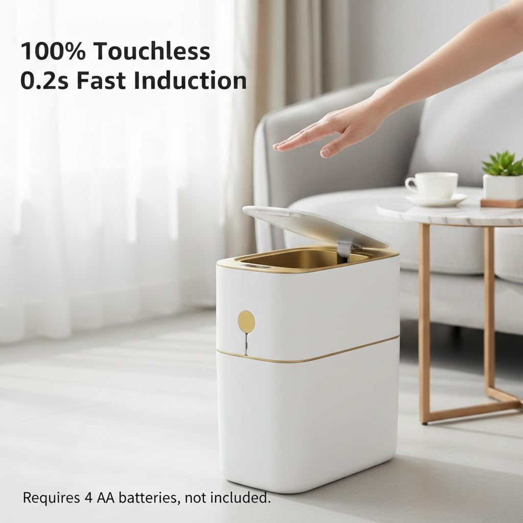 MOPALL Touchless Bathroom Trash Can with Lid, 3 Gallon / 12L Slim Motion Sensor Garbage Bin, Automatic Waste Basket for Bedroom, Office & Narrow Spaces, White & Gold