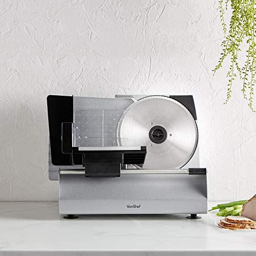 VonShef Meat Slicer Electric Food Cutting Deli and Food Machine For Meats Cheese Bread, Vegetables Precision Thickness Control, Sliding Plate, Food Pusher, Anti Slip Feet - Stainless Steel