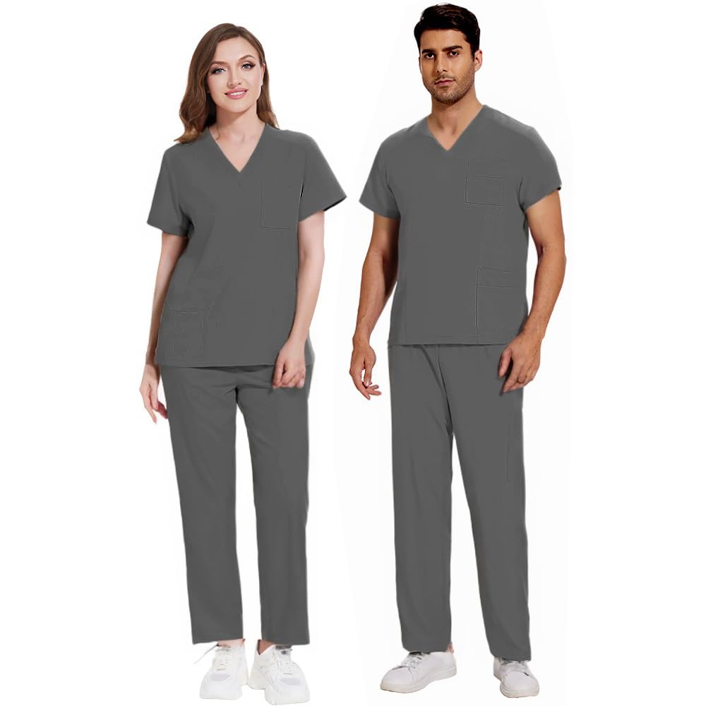 Scrubs DK77 Ensemble d'uniforme médical pour femme avec col en V, manches courtes, pantalon à jambe droite, 8 poches, cordon de serrage extensible, évacuation de l'humidité