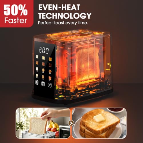 Image of Foyoconven 2 Slice Toaster with Touch Screen, 1.5 inch Extra Wide Slots for Bagels & Thick Bread, Stainless Steel, Digital Countdown Timer, 6 Shade Settings, Defrost /Reheat /Cancel, Removable Crumb Tray