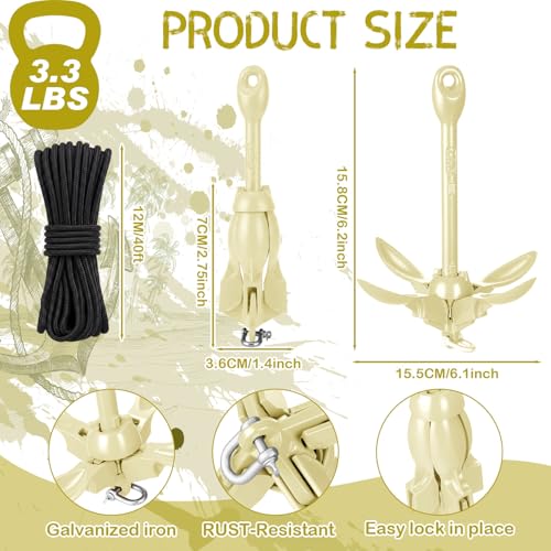 Image of MorningRo 1 Pack 1.5 /3.5 lb Marine Kayak Anchor Kit with 40ft Rope and Buoy Folding Grapnel Boat Anchor Kit Kayak Fishing Accessories for Small Boats, Canoe, SUP Paddle Boards