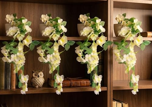 Image of Dekorly Artificial Hanging Garland with Pot -100cm White Vine |10cm Decorative Pot for Table, Realistic Faux Blooms Cascading Floral Decor (4, White)
