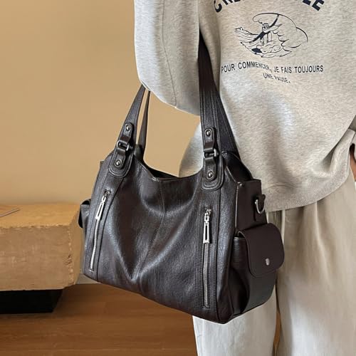 Leather Tote Bag for Women - Soft Leather Hobo Purse with Multi Pockets, Large Satchel Crossbody Slouchy Bag Retro Handbag fo4