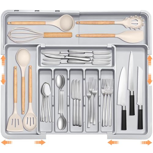 Silverware Organizer Expandable Kitchen Drawer Organizer Adjustable 22"x 19" Utensil Organizer with Rubber Feets Cutlery Drawer Organizer for Spoons Forks Knives Kitchen Organizers and Storage Grey
