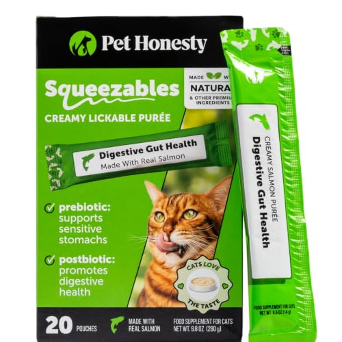 Image of Cat Probiotic Lickable Treats for Digestive Health - Squeezable Puree Pouches for Cats - Feline Constipation + Promotes Stool Regularity, Prebiotics Fiber Gut Flora Sensitive Stomach (Salmon, 20 Ct)