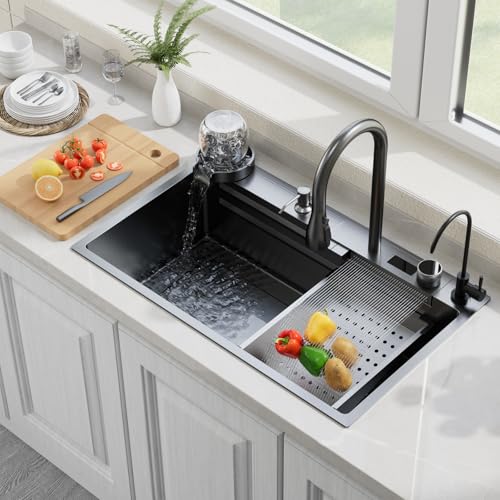 Fregadero de cocina Nano negro y gris de acero inoxidable 304, con estación de trabajo de un solo tazón con pantalla digital multifuncional, juego combinado de fregadero de cocina y grifo (29.5 x 18