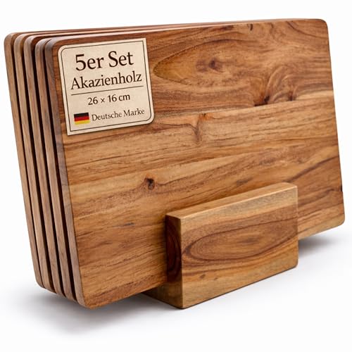 Plogis Frühstücksbrettchen Holz Set (5er) aus Akazie mit Ständer kleine Schneidebretter 26×16 cm für Küche Brotzeit & Vesper - Schneidebrett aus Holz