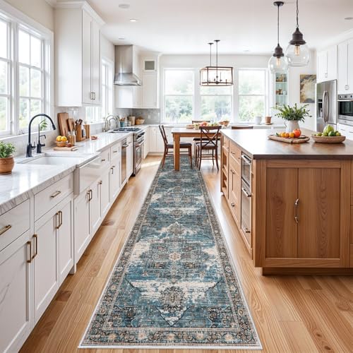 RUUGME Washable 3x14 Runner Rugs - Living Room Large Boho Rugs for Stain Resistant Carpet Vintage Tribal Rugs for Bedroom Kitchen Non Slip Backing Home Decor Floor Decoration Mat 3x14 Blue