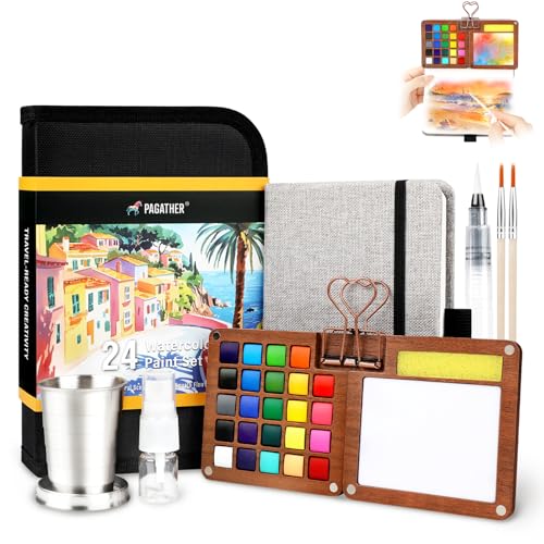Pagather 24 Colors Mini Watercolor Travel Set Portable Watercolor Kit with Water Brush Pocket Size Painting Set for Beginners Hobbyists & Artists