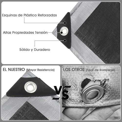 Miniatura 4 de Lona Impermeable Exterior 3x3m, 180g M Lona De Protección Toldo Reforzado Pe Con Ojales, Duradera Resistente A Los Rayos Uv Desgarros, Multiusos Para Terrazas Muebles Jardín Piscina Coche Negro-Plata