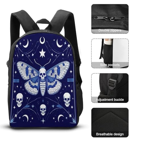 Casual Lightweight Goth Moth Dead Skull Moon Backpack for Adults, Pencil Pouch Easy to Clean, Lunch Bag with Adjustable Shoulder Strap3