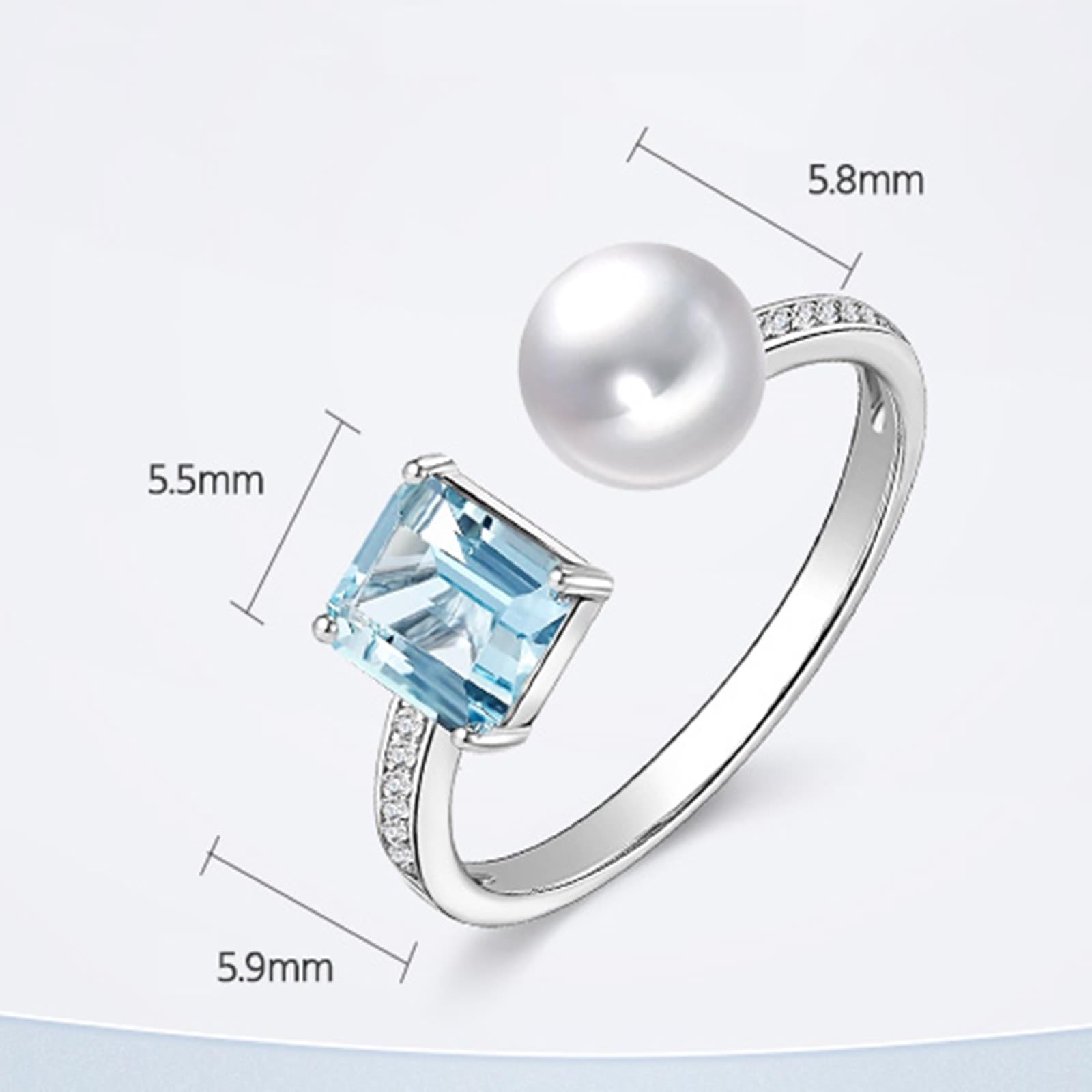 Wycian Anillo Piedra Azul Anillo Mujer Azul Oro Blanco Aguamarina Abierto con Aguamarina, Perla Y Diamante Talla 18,5 Sólido No Chapado Moda para Hermana Acción de Gracias Joyas