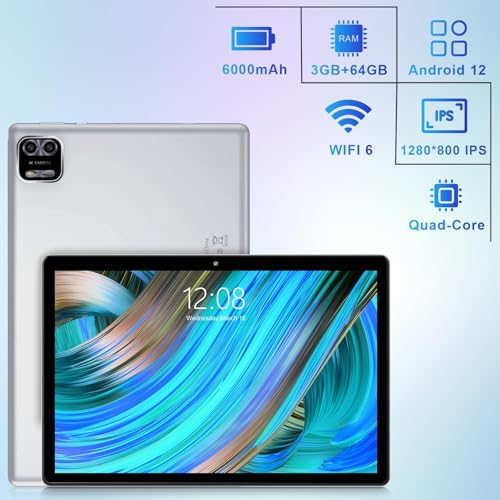 Image of WeTap Android Tablet 10 Inch 3GB RAM 64GB ROM Android 12 Tablets Octa-Core Processor 1280x800 IPS Display Tablet with Camera 2+8MP WiFi Bluetooth 6000mAh Battery (Silver)