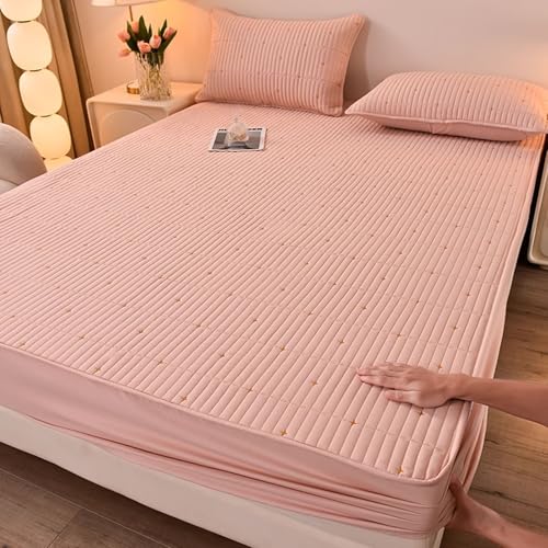Beydodo Sábanas Bajera Ajustables 3 Piezas 200 x 220 CM + 2 Fundas de Almohada,Algodón Sábanas Bajera Ajustable Patrón de Estrellas con Color Sólido Rosa