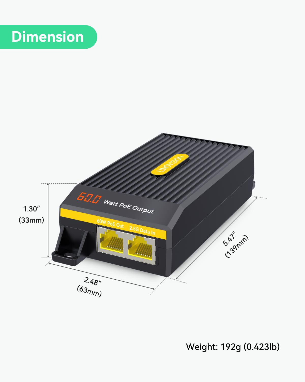 LINOVISION 2,5G BT 60W PoE++ Injektor mit Echtzeit-Leistungsanzeige, Single-Port IEEE802.3bt PoE-Injektor für PTZ-Kameras, PoE-Beleuchtung, WiFi 6-Zugangspunkte